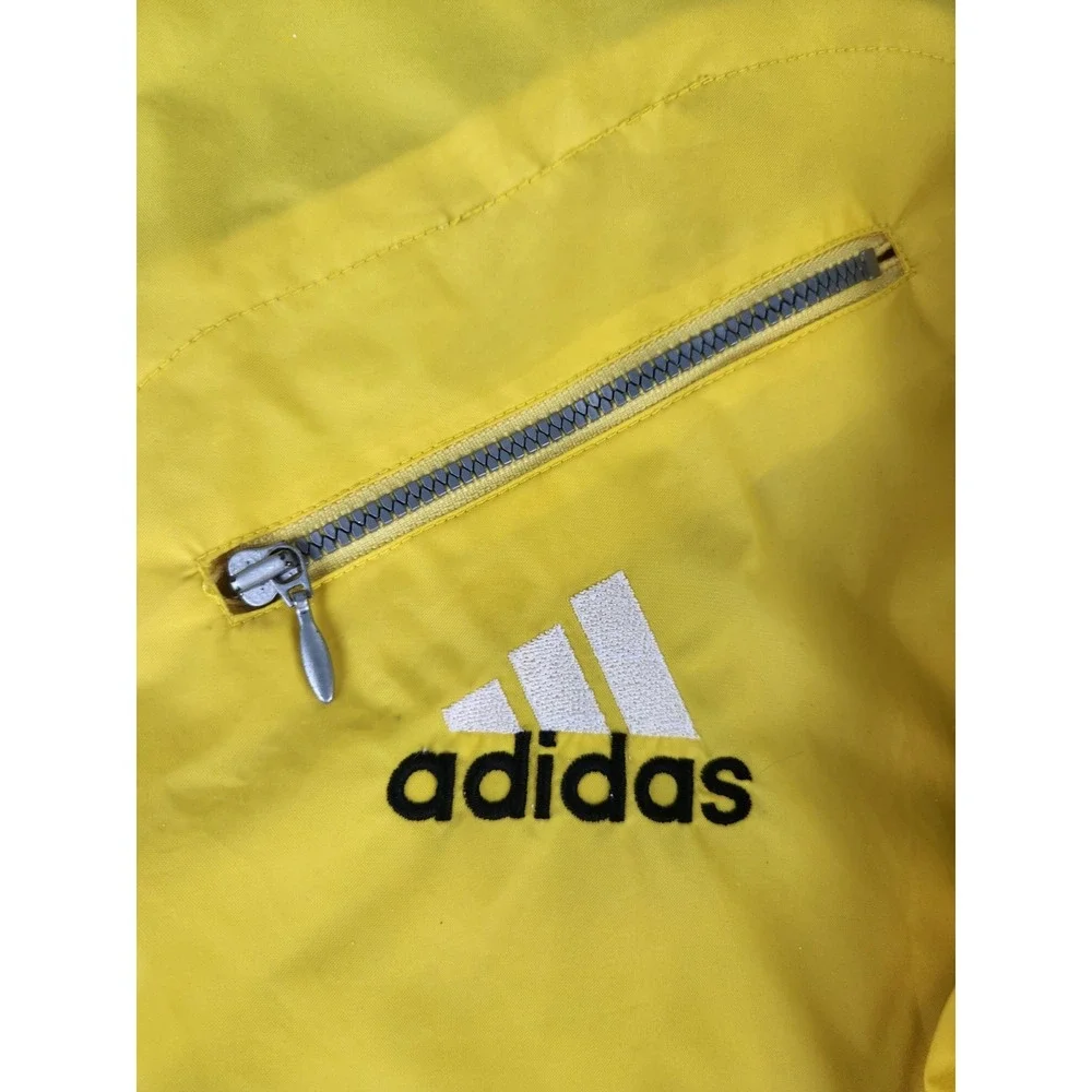 VTG Adidas Mens Windbreaker Jacket Yellow Black stripe Cotton Lined Hoodie LARGE